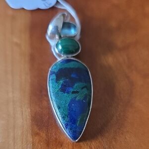 Elegant Sterling Silver Azurite , Blue Topaz And Malachite Pendant.